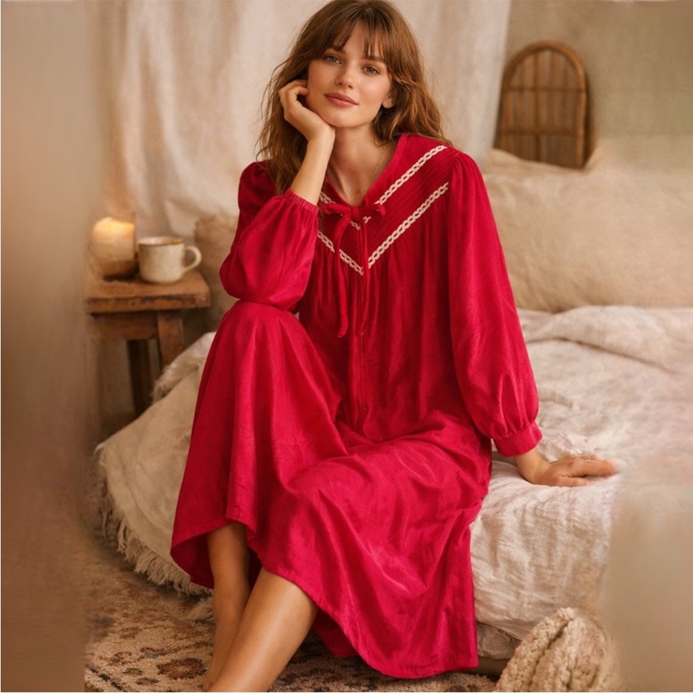 Vtg 70’s Red Terry Cloth Velour Zip Down House Coat Robe Night Gown Size Med